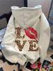 Vintage Red Lip Kiss Leopard LOVE Print Hoodie For Women Back‑Print Oversized Pullover Sweatshirt Casual Loose Hooded Tops