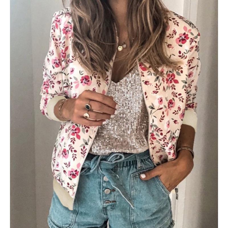 Women's Floral Print Stand Collar Zip Up Long Sleeve Casual Bomber Jacket Oversized Outerwear Coat