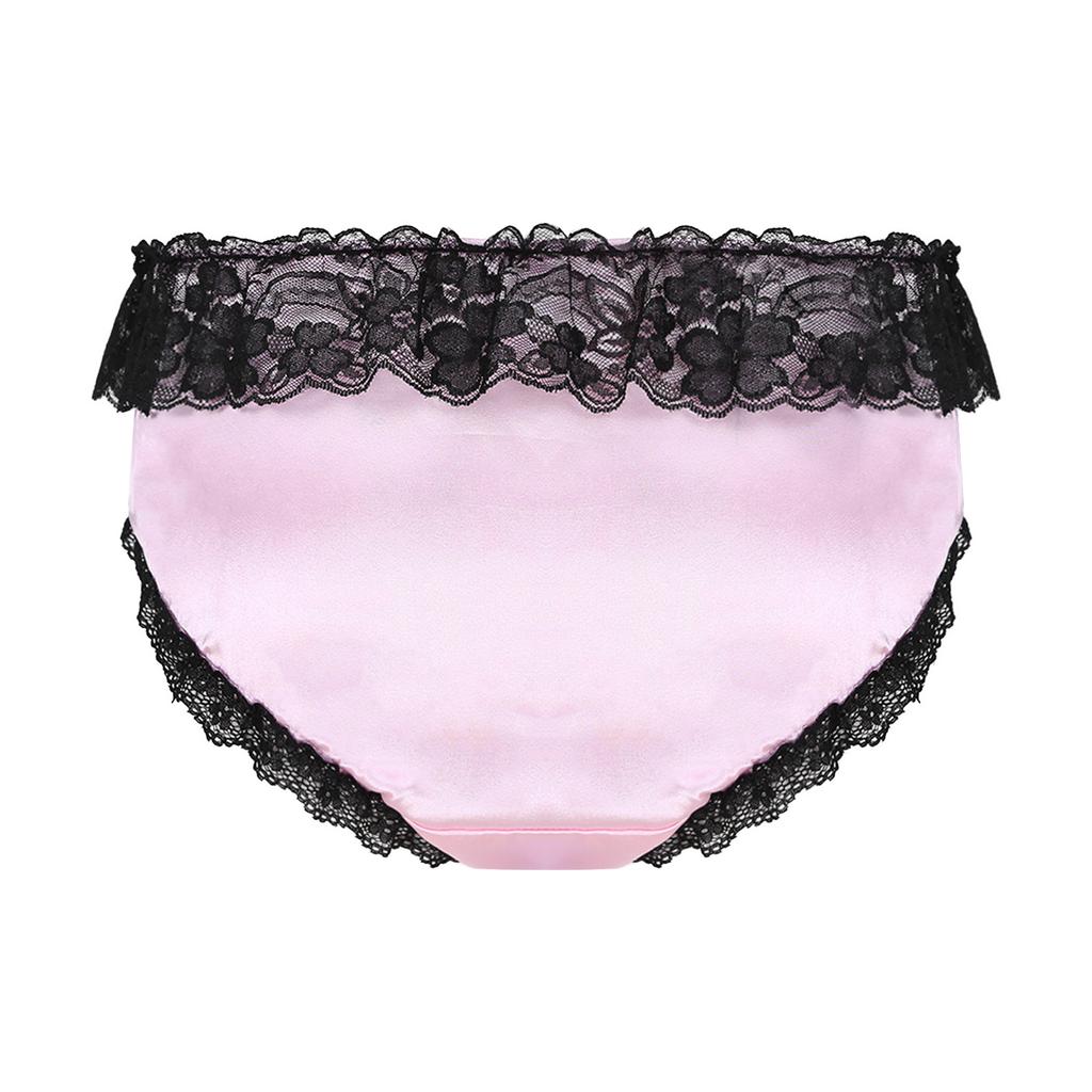Mens Lace Trim Briefs Low Rise Satin Bowknot Underpants Crossdressing Nightwear