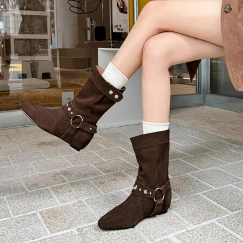 2024 Suede Women's Ankle Boots Low Heel Rivets Women's Shoes Winter New Women's Fashion Show Classic Ankle Boots Botas Mujer