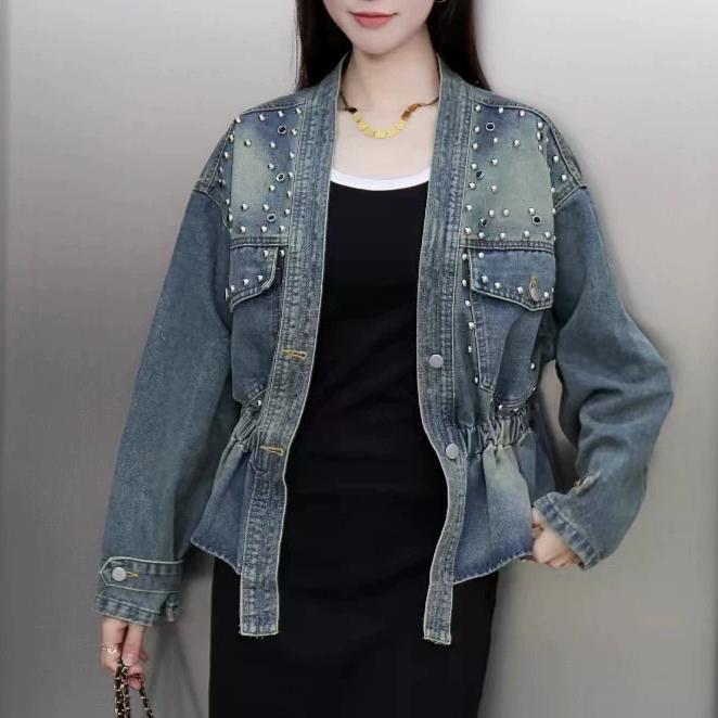 Autumn and Winter  Retro Design Sense of the New Loose Short Heavy Riveted Beads Loose Denim Jacket