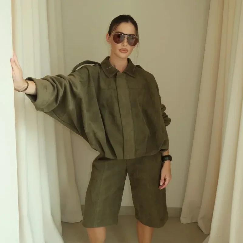 Europäische & Amerikanische Damenmode Sommer Bomberjacke Dreiteiliges Set mit Schulterschnalle und Taillenbetontem Design