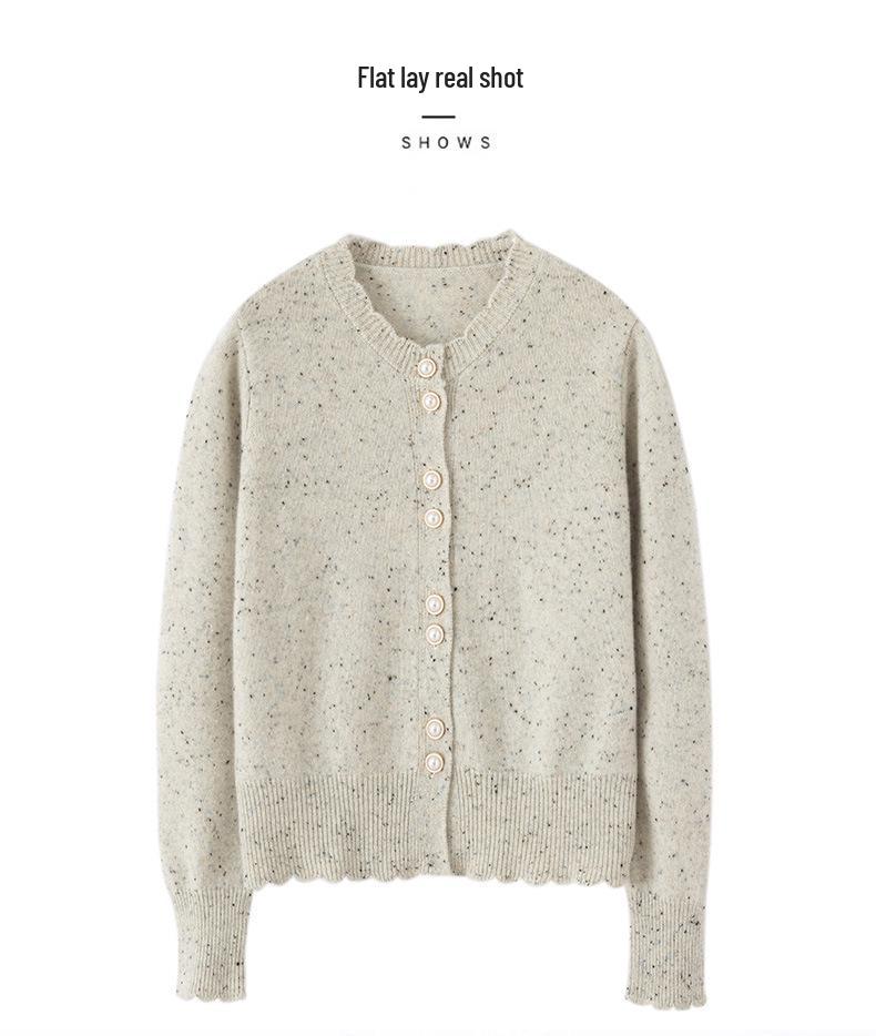 Women's Sweet Style Dot Yarn Round Neck Cashmere Cardigan with Lace Trim