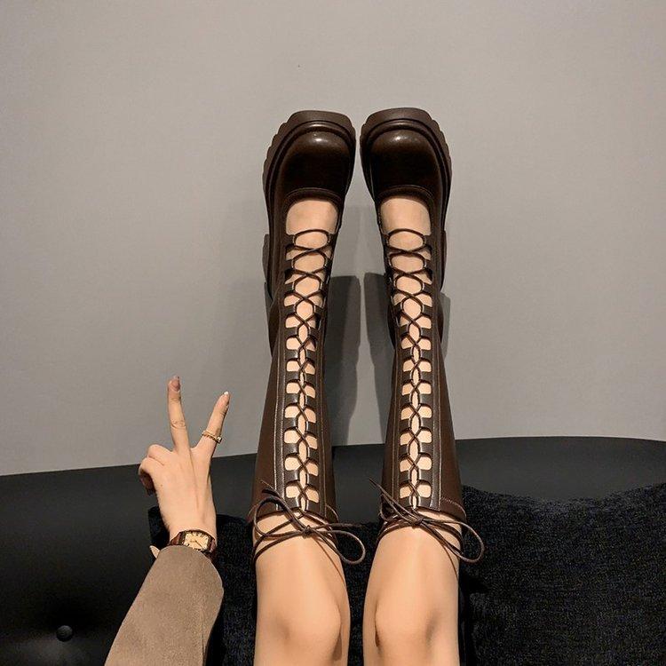 Fashion Women's breathable hollow mesh boots, genuine leather high-top knight boots, knee-high heels, light and cool, 2025