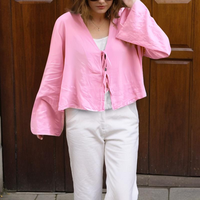 

ZANZEA Женские осенние блузки с V-образным вырезом и длинными рукавами, однотонные S розовый