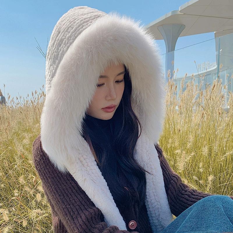 Winter Hat for Women Snow Hat, Women's Double-sided Thickened Scarf, Hat, Integrated Winter Warm Fox Hair Headhat
