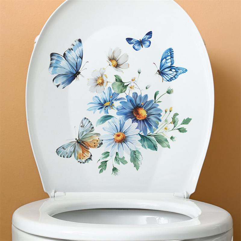 Toilet Stickers Watercolor Floral Chrysanthemum Butterfly Wall Stickers Durable Waterproof Bathroom Decor With Self-Adhesive