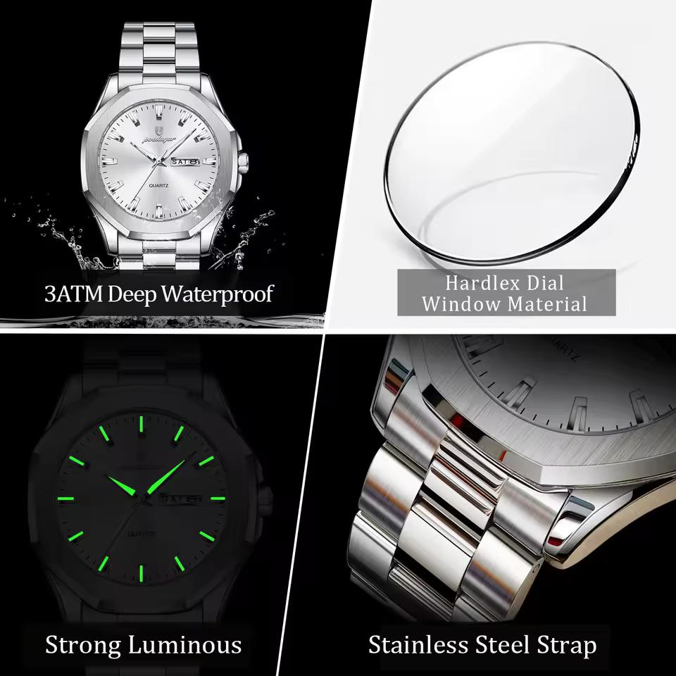 POEDAGAR Luxury Men Wristwatch Waterproof Luminous Week Date Casual Clock Stainless Steel Quartz Fashion Watches Reloj