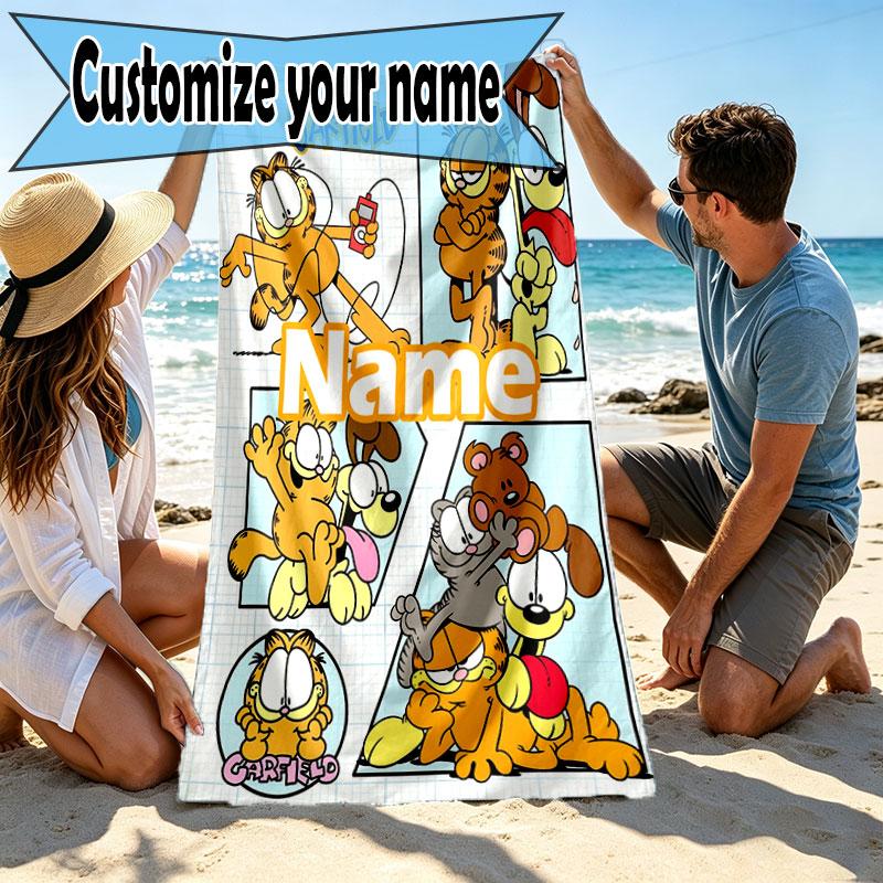 Custom Name Personalized Garfield Print Beach Towel, for Trip Camping Beach Party Home Decor, Birthday Gift for Family & Friends