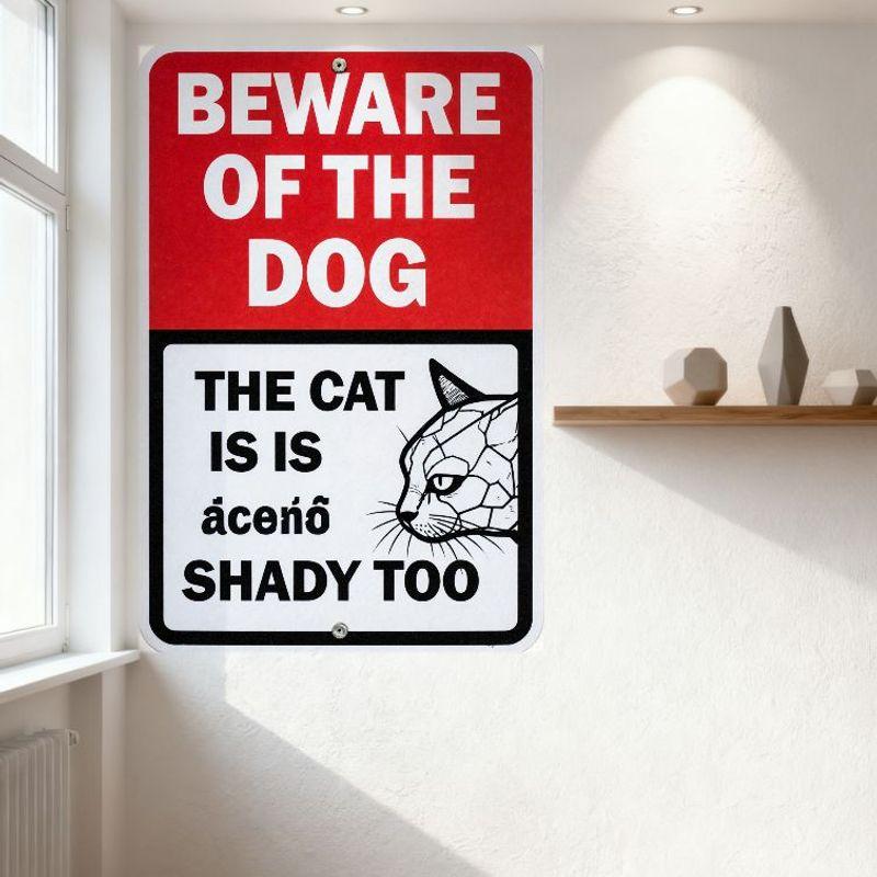Beware of the Dog & Cracked Cat Shady Warning Funny Prank Metal Tin Sign for Home Garden Bar Wall Decor