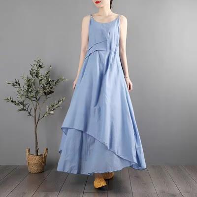 Mori Retro Sleeveless Cotton and Linen Dress Women's Summer Loose and Thin Double-layer Bottom Suspender Dress