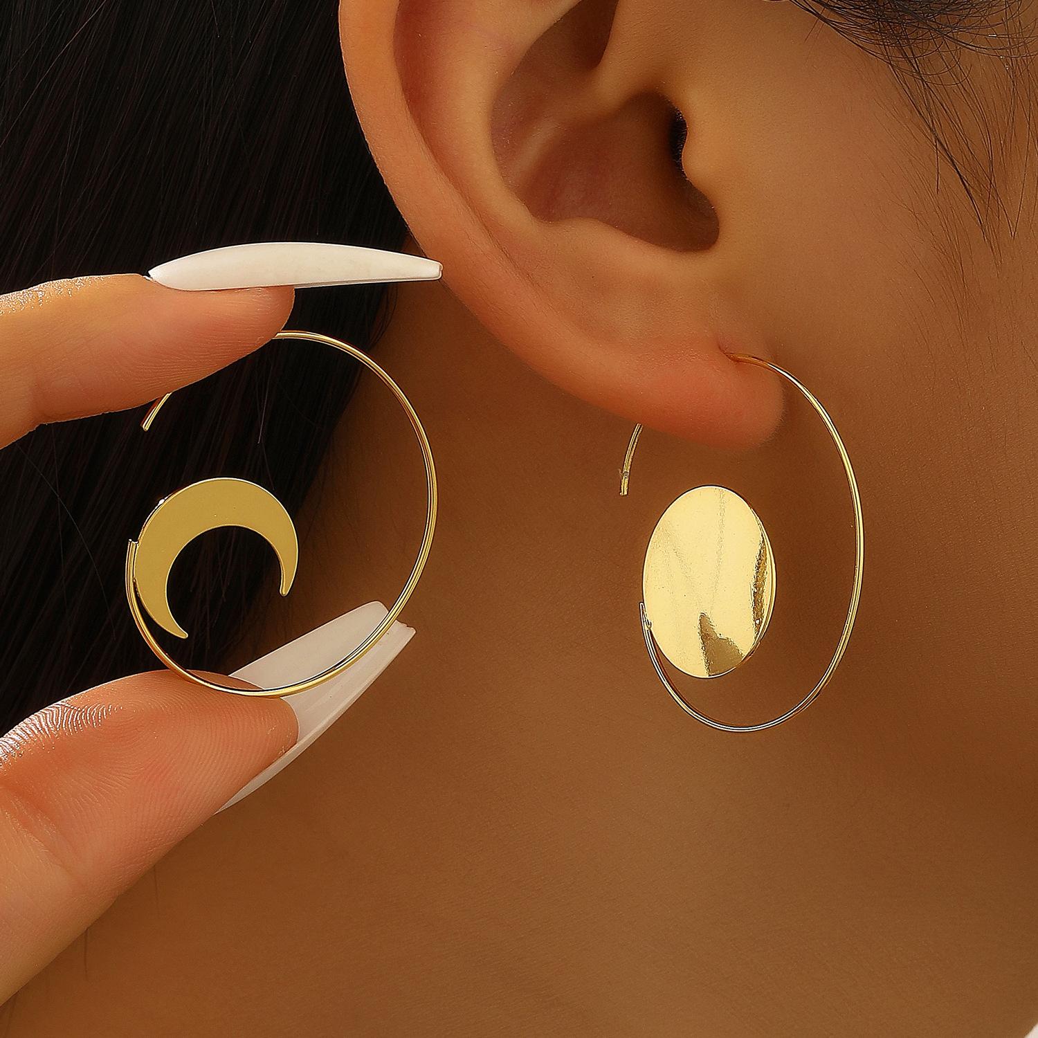 

High quality high-end copper plated 18k real gold sun and moon circle pendant earrings personalized fashion retro earrings