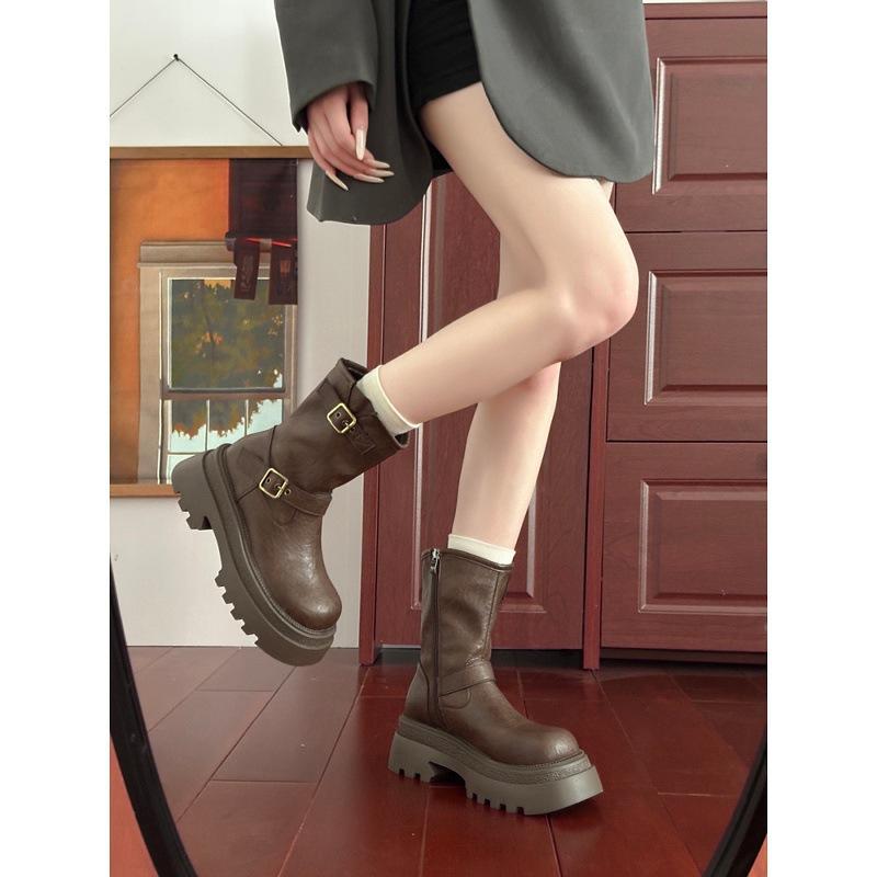 Korean Thick-soled Heightening British Style Martin Boots Women's Autumn and Winter Maillard Retro Slim Short Boots