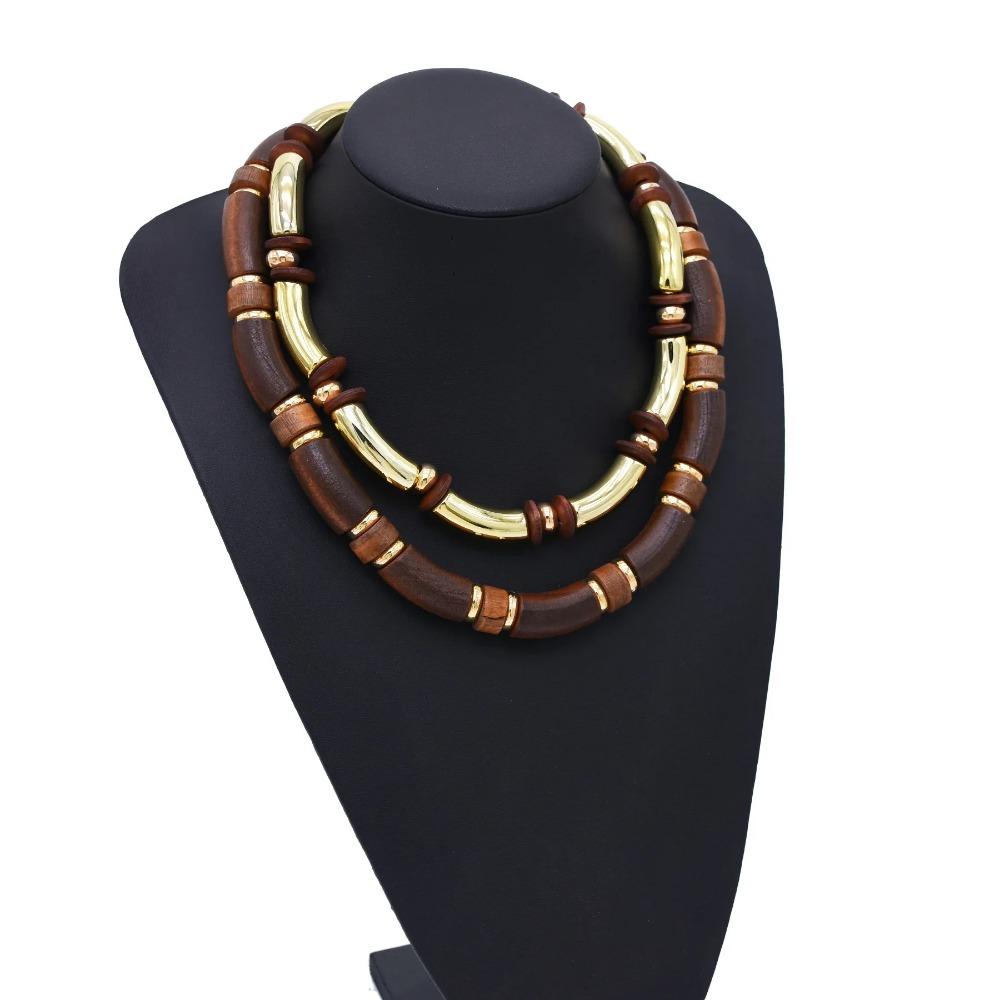 Exaggerated Necklace Bracelet Set Gold Plated Neck Chain Brown Wood Bracelet Female Jewelry Set