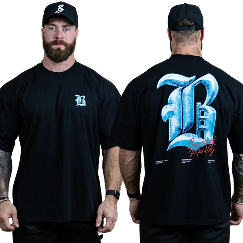 2025 100% Bomull Herr Mode Bokstavstryck Högkvalitativ T-shirt Fitness Street Wear Sommar Casual O-hals Oversized Sporttopp