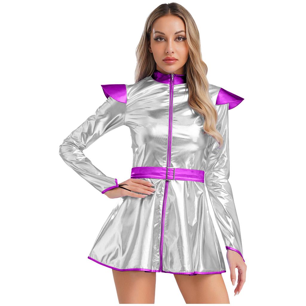 Womens Alien Costume Long Sleeves Front Zip A Line Dress Belt Design Shiny Metallic Outer Space Robot Costume