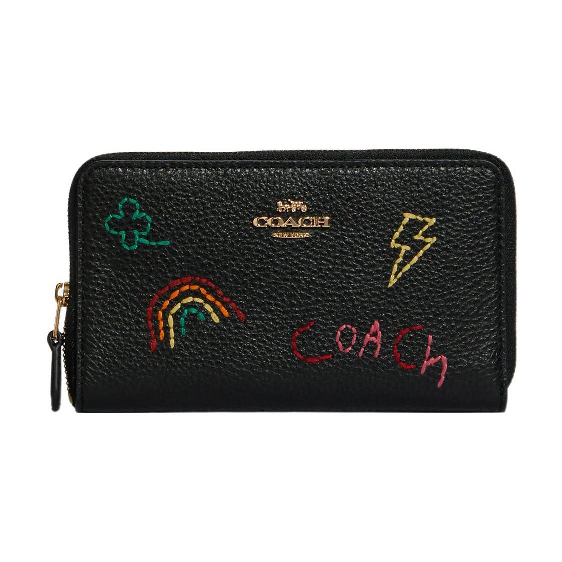 New COACH Diary Embroidery Collaboration Pebbled Leather Card Holder Wallet Women s Black C9104-IMA47 1652094CM 11149₽