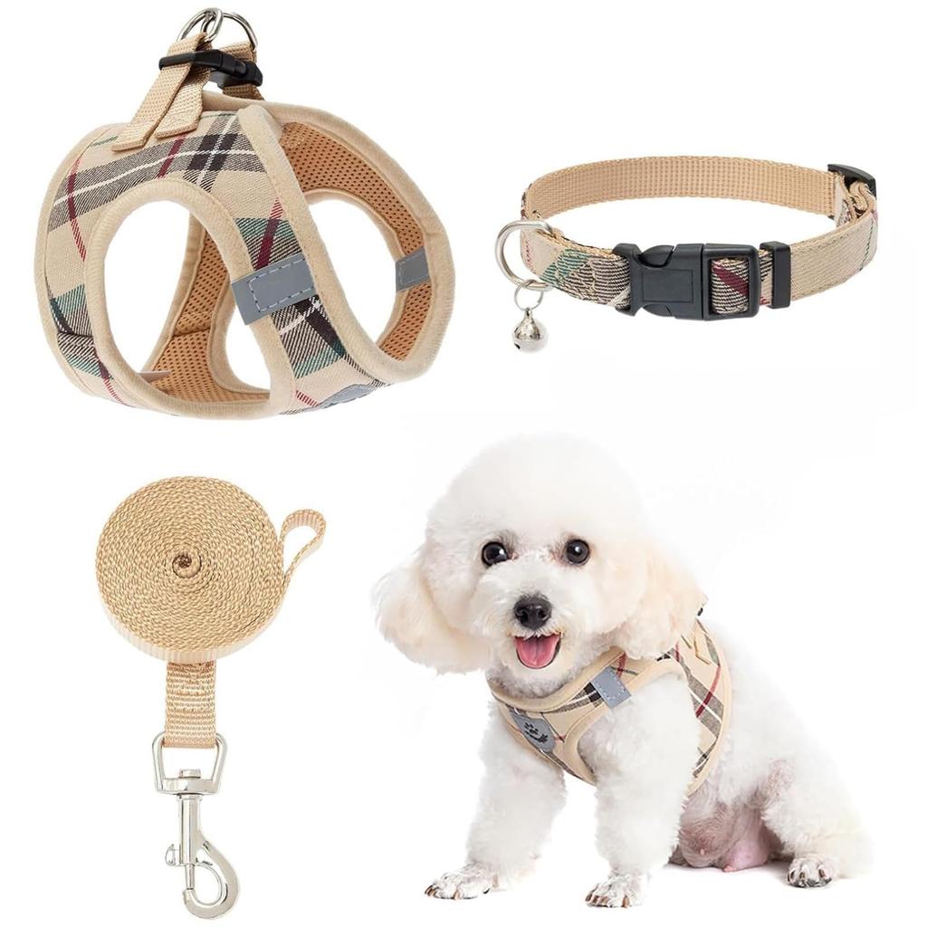 BINGPET Dog Collar and Lead Body Harness for Small Checkered Mesh Gentle on the Vest with Reflective Easy to Put on and Take Cute Harness, Set, Dogs,