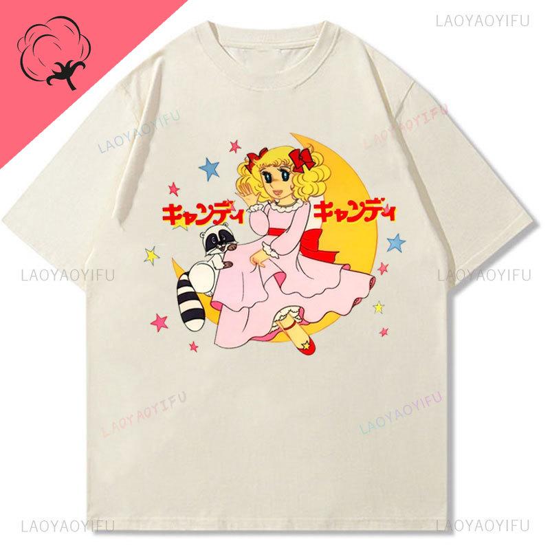 

Женская одежда Candy Candy Футболка Хлопок Уличная мода Эстетика Kawaii Графические футболки Мультяшный Стиль Девочки Сёдзё Одежда XS