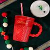 Mug de Noël Créatif Arbre de Noël Mug à Eau en Céramique Haute Apparence Tasse en Céramique Horizontale avec Paille Couverte Avec Main Cadeau YLE035