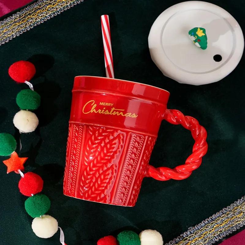 Mug de Noël Créatif Arbre de Noël Mug à Eau en Céramique Haute Apparence Tasse en Céramique Horizontale avec Paille Couverte Avec Main Cadeau YLE035