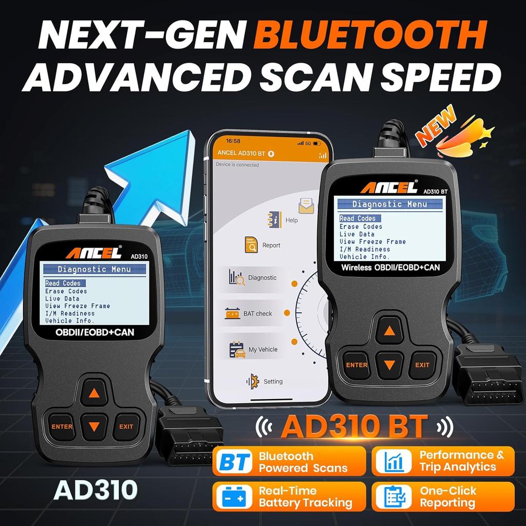 (Upgraded AD310) ANCEL AD310BT OBD2 Scanner Bluetooth - Check Engine Code Reader, Escaner Automotriz With Premium App On IOS & Android, Car