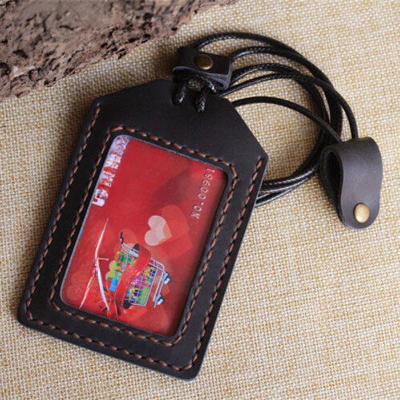 NEW Soft Leather Cowhide ID Badge Holder Name Tag Case with Neck Strap Chest Card Work Pass Meal Card Bus Card Holders Keychain School Office Supplies