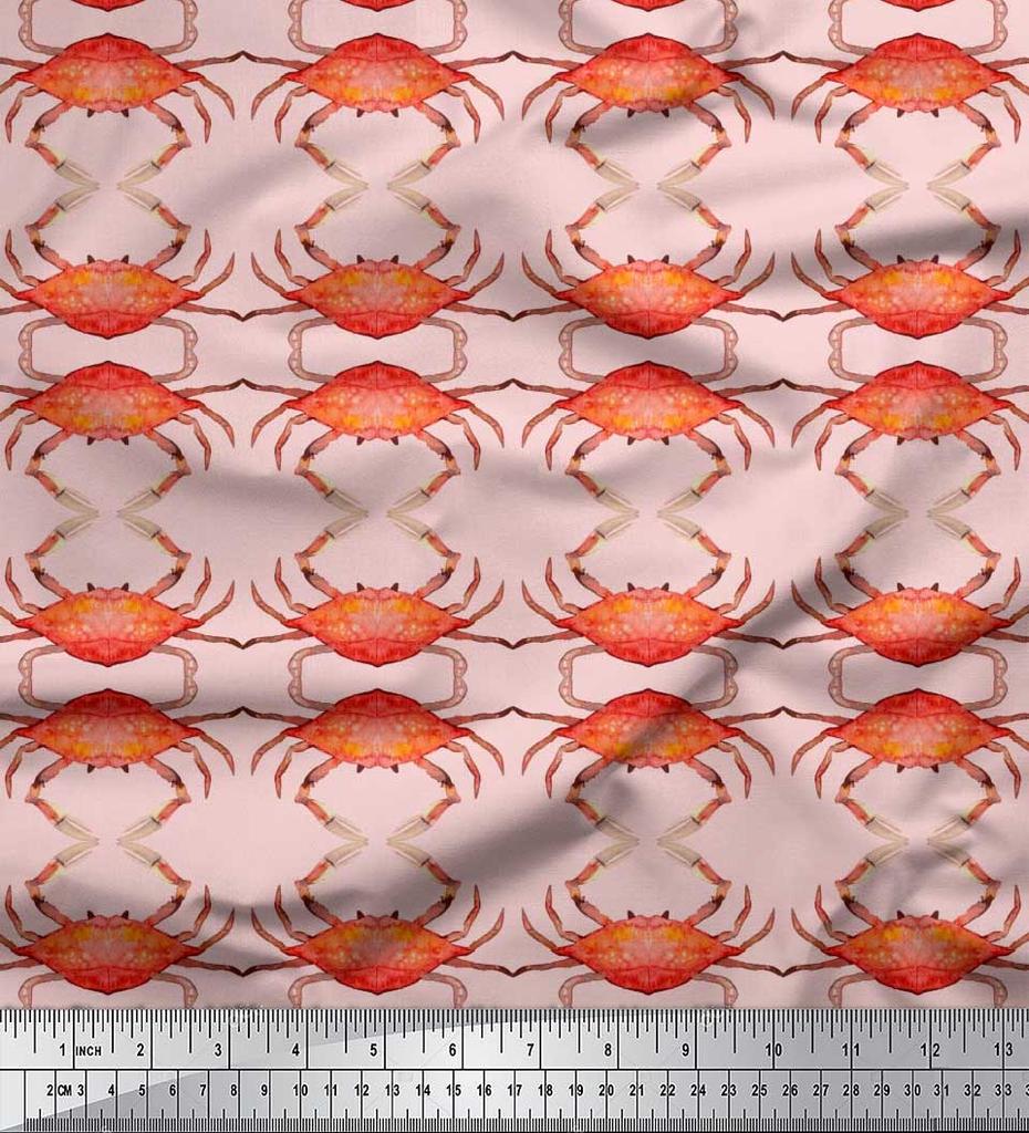 Soimoi Beige Japan Crepe Satin Fabric Crabs Ocean Print Fabric by the metre 42 Inch