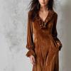 Women's Brown Velvet Dress with V-Neck and Ruffled Hem