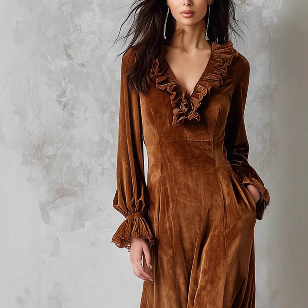 Women's Brown Velvet Dress with V-Neck and Ruffled Hem