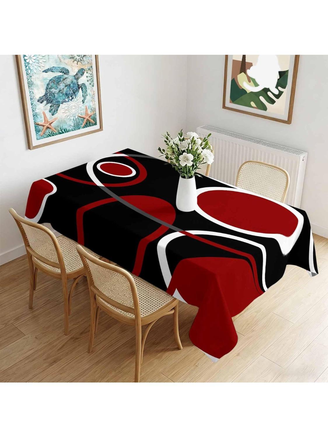 Bordeauxrode Kleurblok Waterdichte Rechthoekige Tafelkleed Abstract Geometrisch Zwart Gestreept Bedrukte Tafelhoes voor Keuken Eetkamer 140x240cm