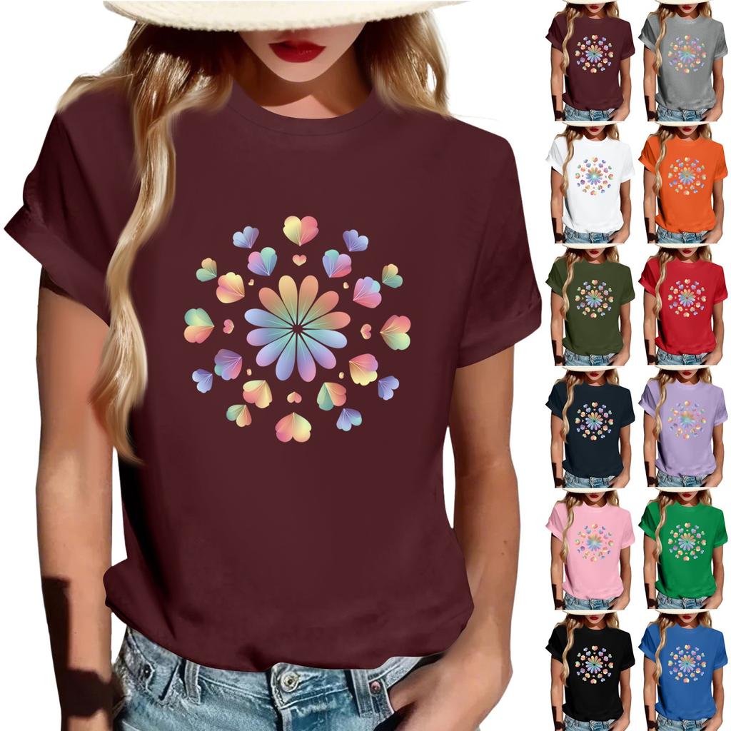 Women's Fashionable Round Neck Casual Retro Print Short Sleeved T-shirt Top