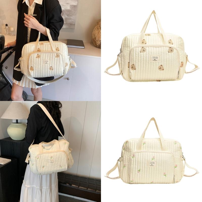 Fashionable Storage Pouch Case Large Bear/Flower Embroidery Mother Bag Portable Handbag with Multi Function Pockets