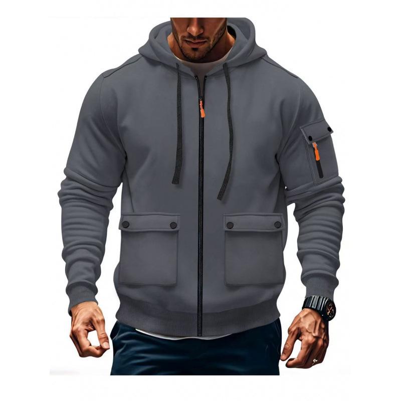 

2026 Autumn and Winter New Hooded Pocket Zipper Casual Sweatshirt Simple Solid Color XXXL сірий