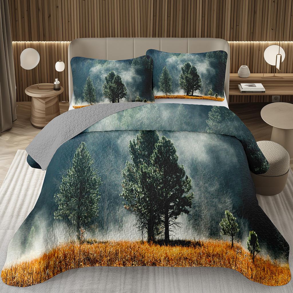 Přehoz na postel Queen/Twin s lesním motivem, Sada prošívané přikrývky s přírodní scenérií, Měkká lehká botanická přehoz na postel se stromem, Rustikální selská ložní souprava
