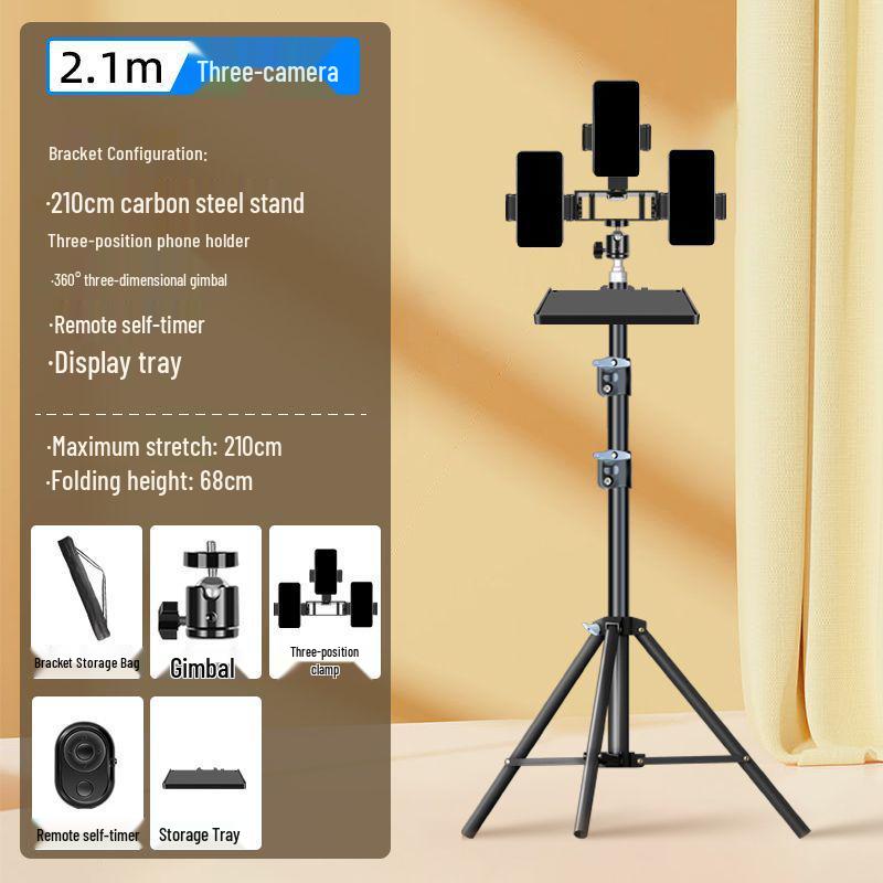 Dual Phone Live Streaming Stand with Multi-Camera Holder and Fill Light for Douyin