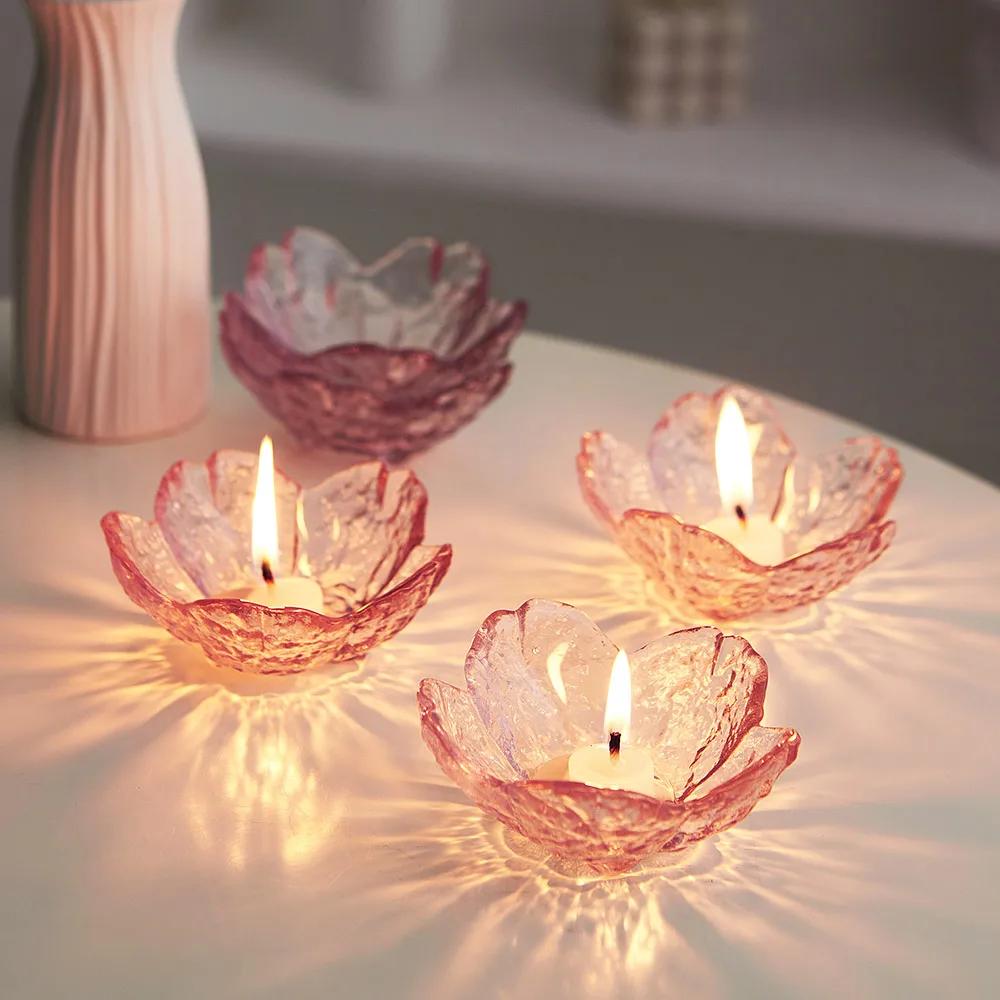 Modern Style Pink Flower Candle Holder Glass Candlestick Crafts Home Decoration Wedding Table Decor Crystal Candle Container
