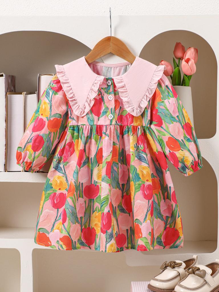 Girls Autumn Cotton Dress Tulip Print Large Collar Long Sleeve Pastoral Princess Dress For Kids