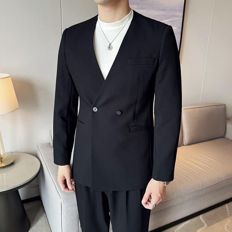 High Quality Fashion Men's Suit Coat Collarless Solid Wear Korean Style Slim Fit Blazers Tops Man