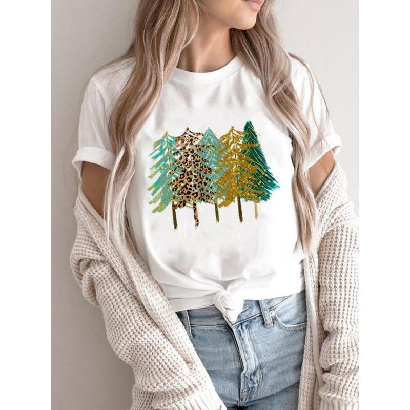 Summer Plus Print Christmas Theme Loose Cotton Short Sleeved T-Shirts Women’s