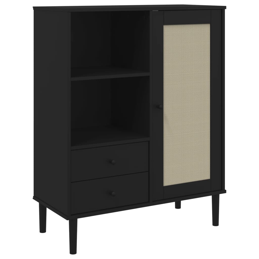 Highboard SENJA Rattan Style Black 90x40x112 Cm Pine Wood