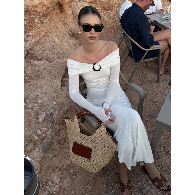 

French Style Fancy off-the-Shoulder Knitted Long-Sleeved Dress Women s Autumn New Arrival Elegant Silm Slim Looking Drape Long Dress Dress L