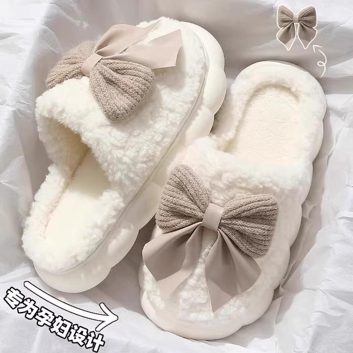 Bow cotton slippers women's winter new indoor home thick bottom non-slip warm fluffy slippers women