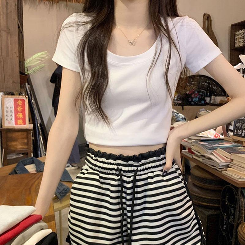 White Round Neck Tight Top Women's Summer Popular Super Popular Versatile Right Shoulder Short Style Slim Stretch Short-sleeved T-shirt Ins