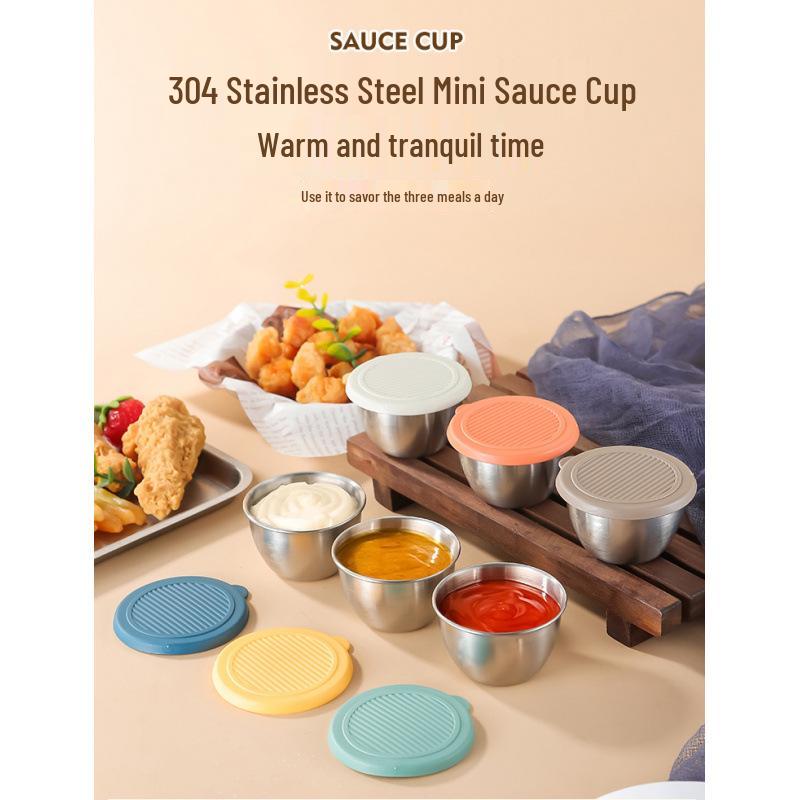 304 Stainless Steel Sauce Cup with Lid, Mini Sealed Dipping Sauce, Salad & Seasoning Plate