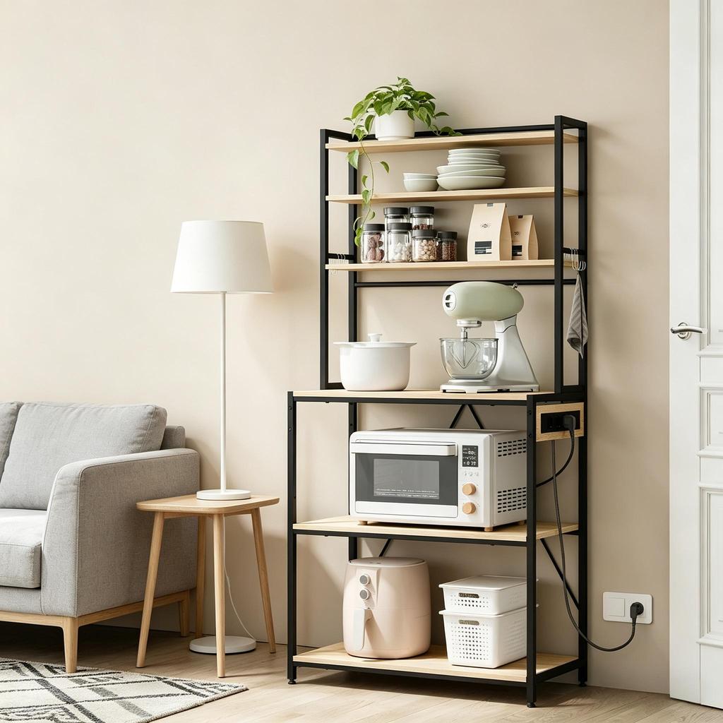 Modern Style Display Shelf, Coffee Bar Station, Kitchen Shelf with Sockets, Kitchen Cabinet, Mini Kitchen Workstation