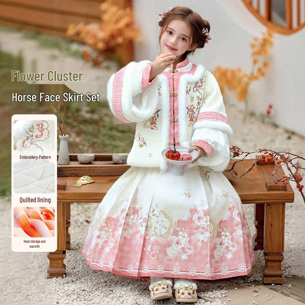 Warm Winter New Year Hanfu Mamian Skirt Set for Girls - Medium & Large Sizes, Thickened Chinese Style 150