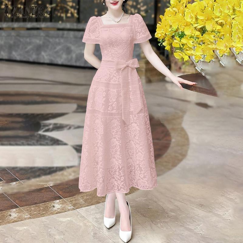 ZANZEA Women Casual Square Collar Summer Short Sleeve Lace Dress Elegant