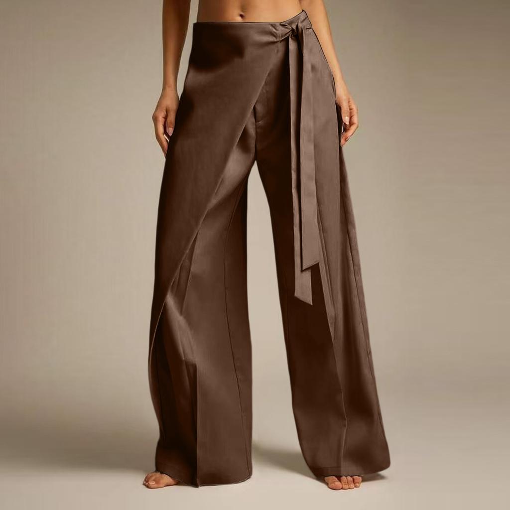 Women Casual Wide Leg Pants with Draped Overlay and Waist Tie Elegant Loose Fit Lightweight Fabric Suitable for Office and Daily Wear