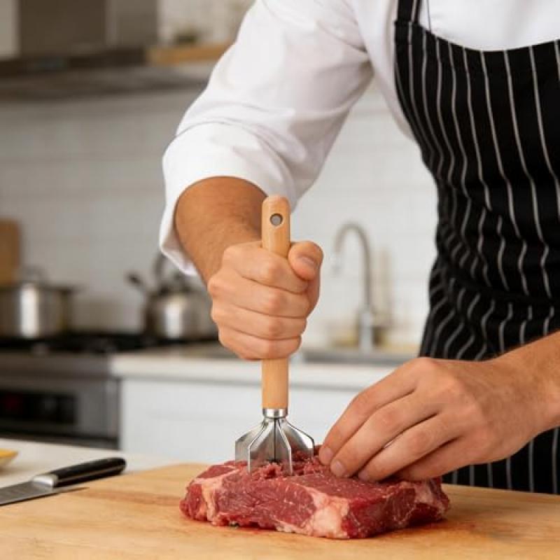 Kitchen Multi-Purpose Meat Mincer - Wooden Handle Food Masher, Sturdy for Meat, Potatoes, Chicken, Ideal for Home Kitchen and Restaurant Use